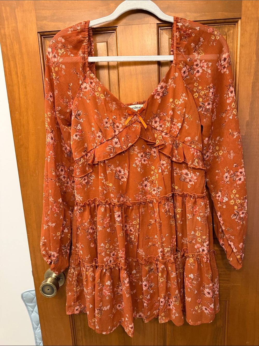 Long Sleeve Ruffle Tiered Floral Dress in Rust